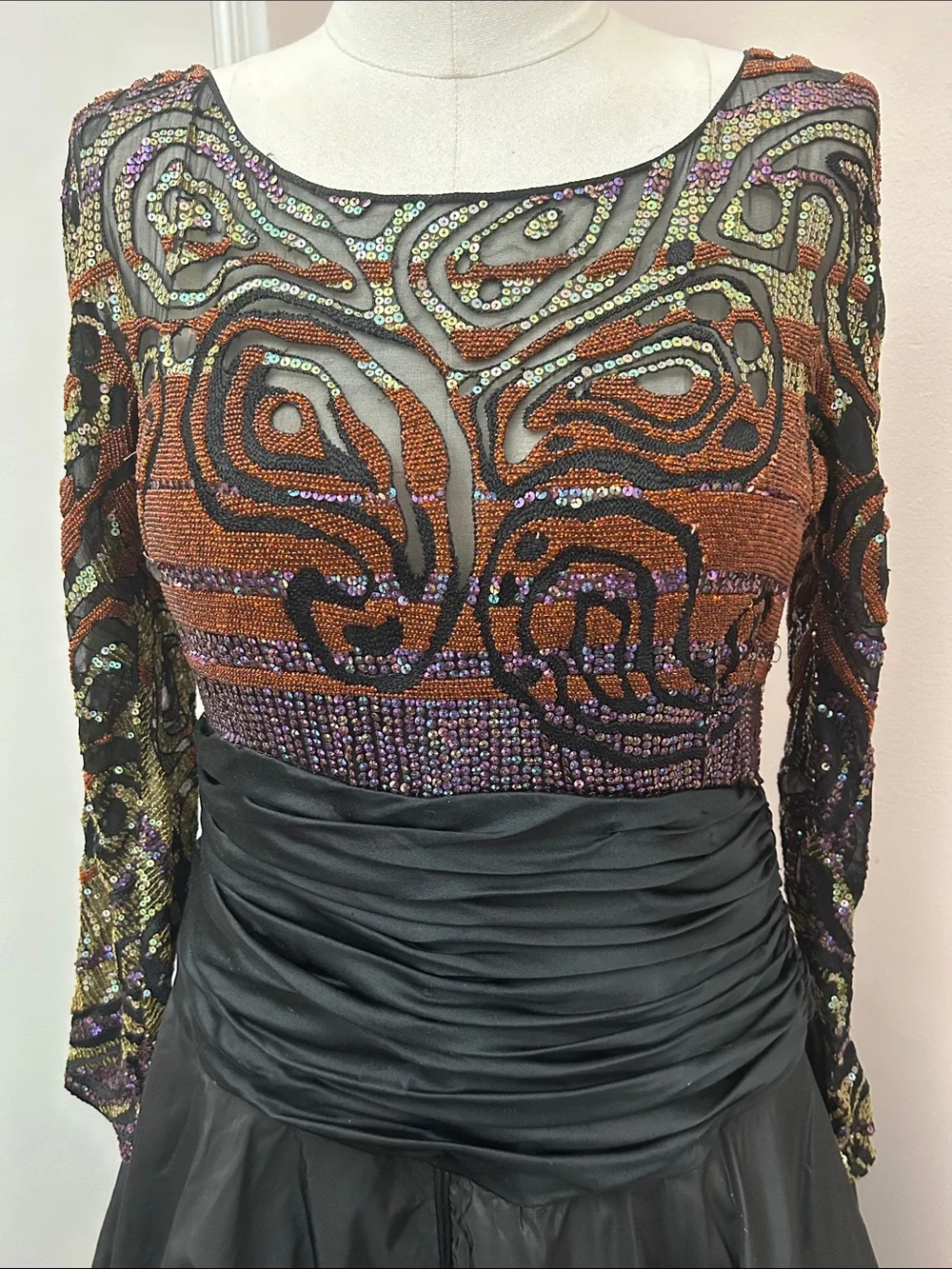 VTG  Neil Bieff Sequin beaded top maxi taffeta tulle lined cocktail opera dress
